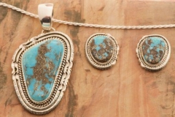 Artie Yellowhorse Genuine Rare Morenci Turquoise Sterling Silver Pendant and Post Earrings Set